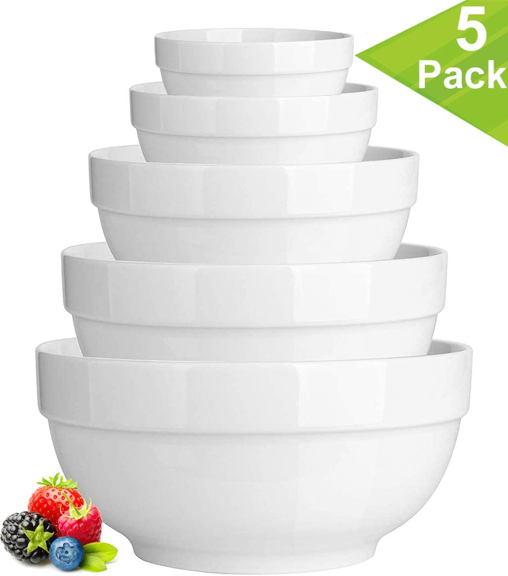 DeeCoo 5 Pcs Ceramic Mixing Serving Bowls Set, White Serving Bowls, Serving Dishes, Large Mixing Bowls, Microwave Safe, Ideal for Cereals, Dessert, Soup, Ice Cream