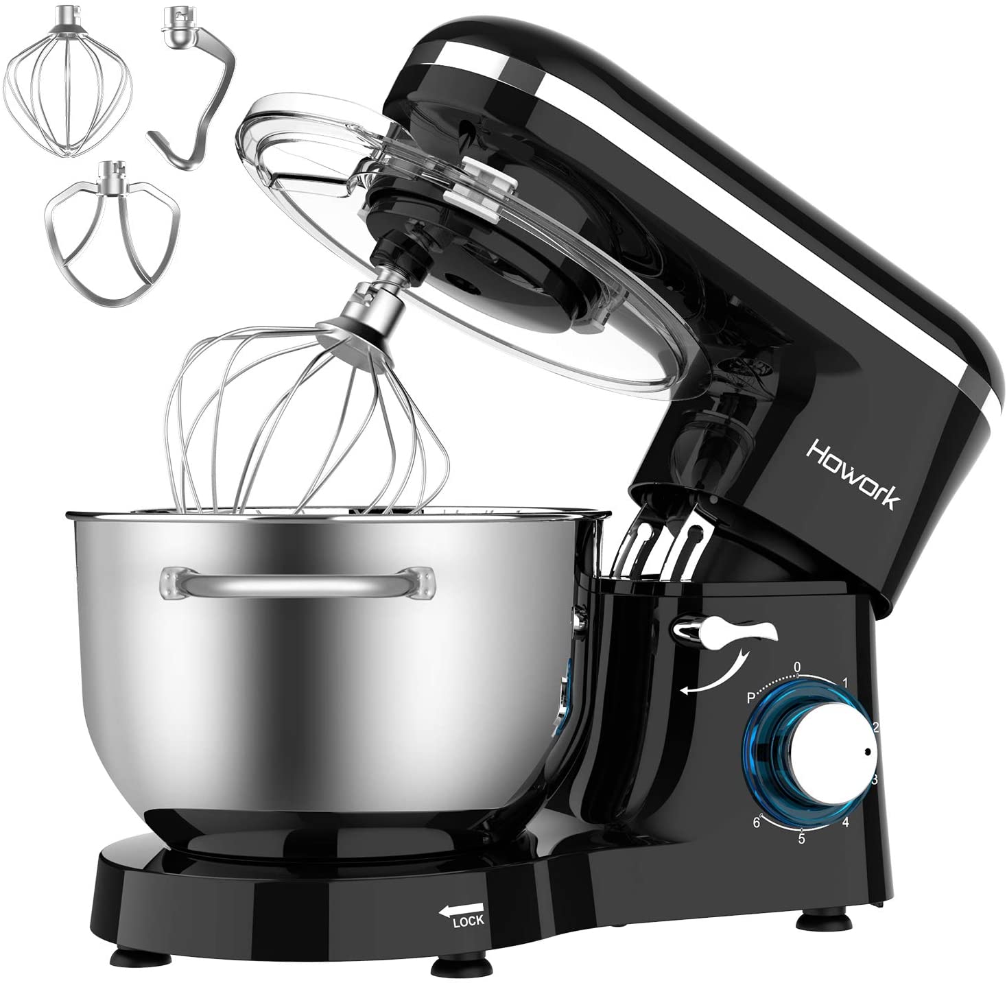 HOWORK Stand Mixer, 660W Electric Kitchen Food Mixer With 6.55 Quart Stainless Steel Bowl, 6-Speed Control Dough Mixer With Dough Hook, Whisk, Beater